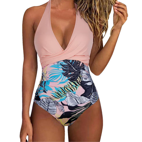 Damen Einteiler Badeanzug mit floralem Wickel-Design und verstellbaren Trägern EB