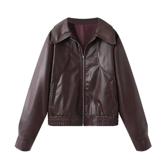 Damen modische Kunstlederjacke mit elegantem Revers und praktischen Taschen EB