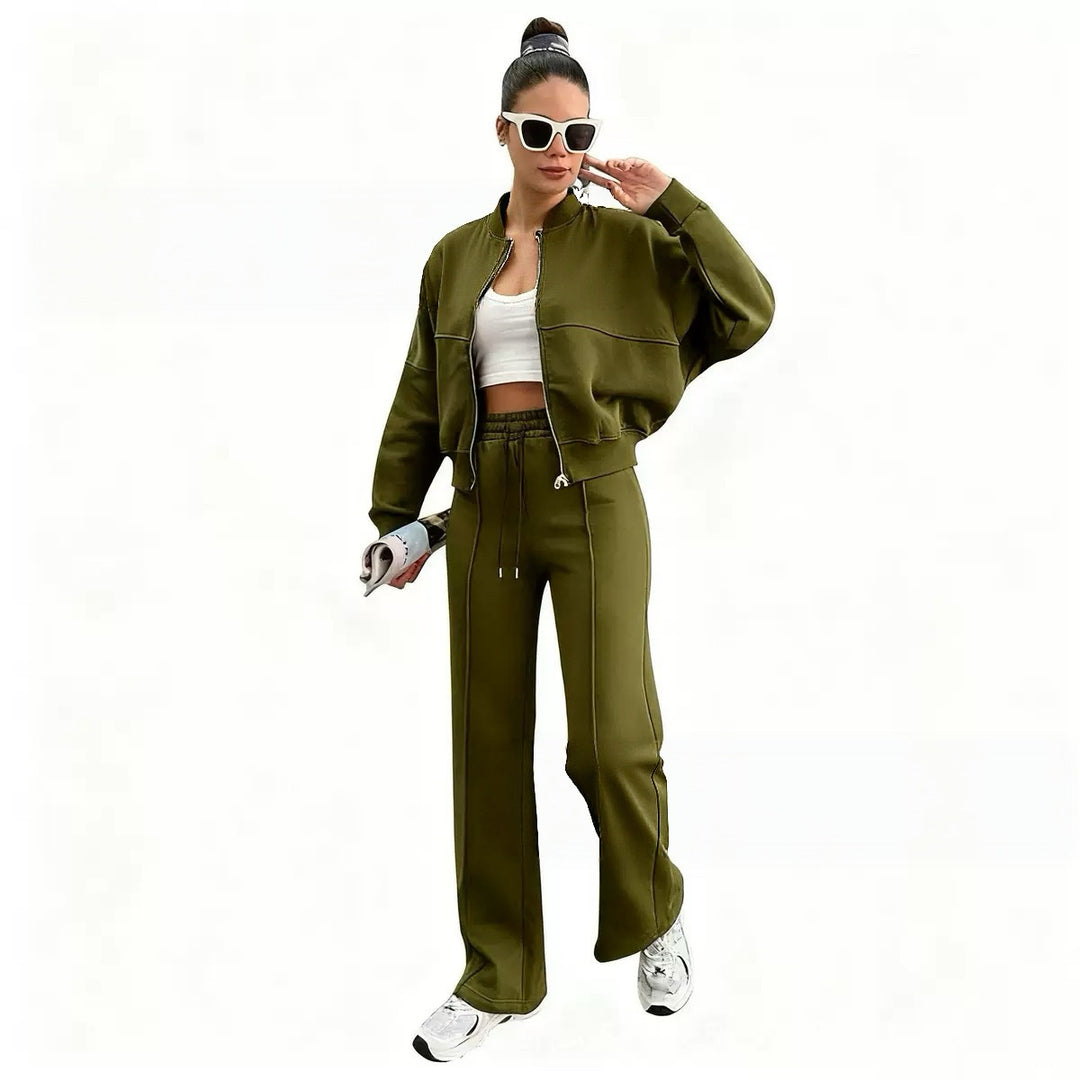 Damen nan kurz geschnittenes Blouson mit Reißverschluss und weiter High-Waist Jogginghose Set EB