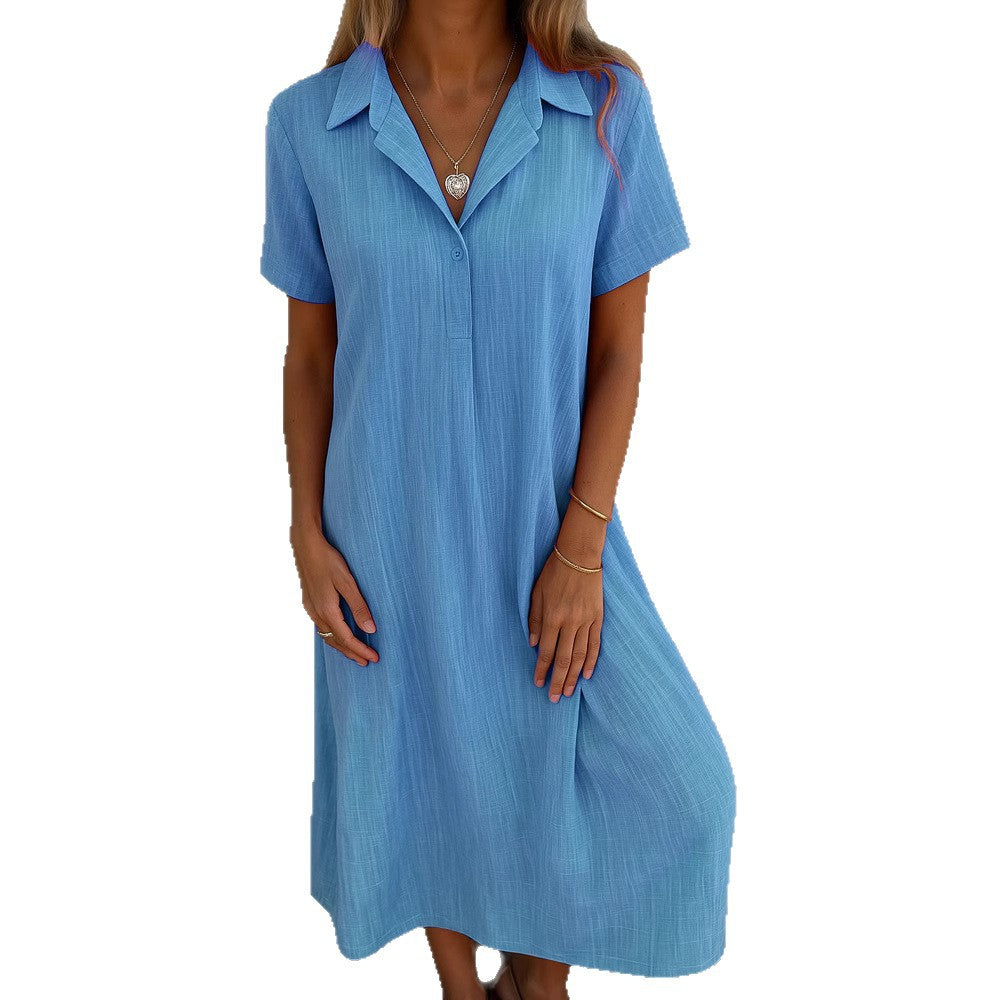 Damen lässiges Maxikleid mit Kragen und kurzen Ärmeln EB