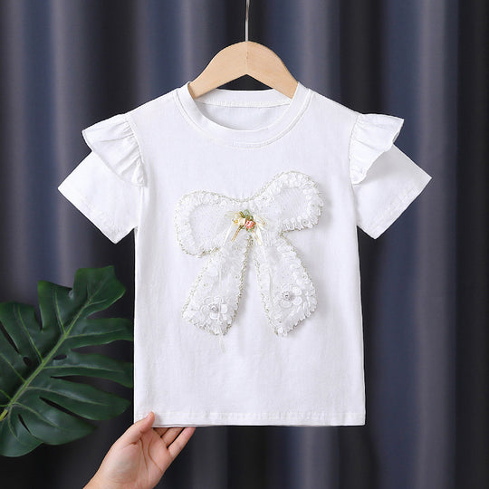 Mädchen T-Shirt mit dekorativem Rüschendesign und kunstvollem Schleifenmotiv EB