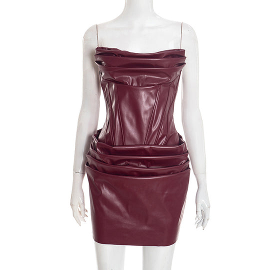 Damen Bodycon Kleid aus hochwertigem Kunstleder mit eleganter Drapierung EB