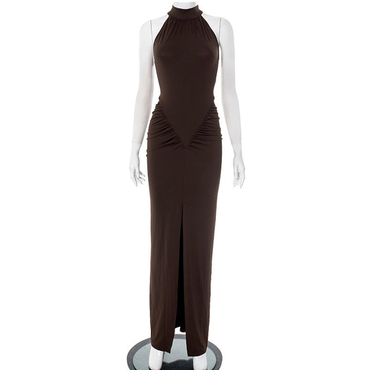 Damen elegantes Maxikleid mit hochgeschlossenem Kragen und raffinierten Raffungselementen EB
