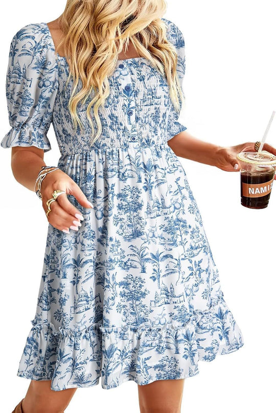 Damen romantisches Sommerkleid mit Puffärmeln und Rüschen EB