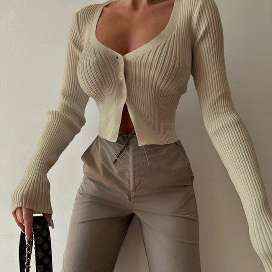 Damen Strick-Cardigan mit tiefem V-Ausschnitt und Knopfverschluss EB
