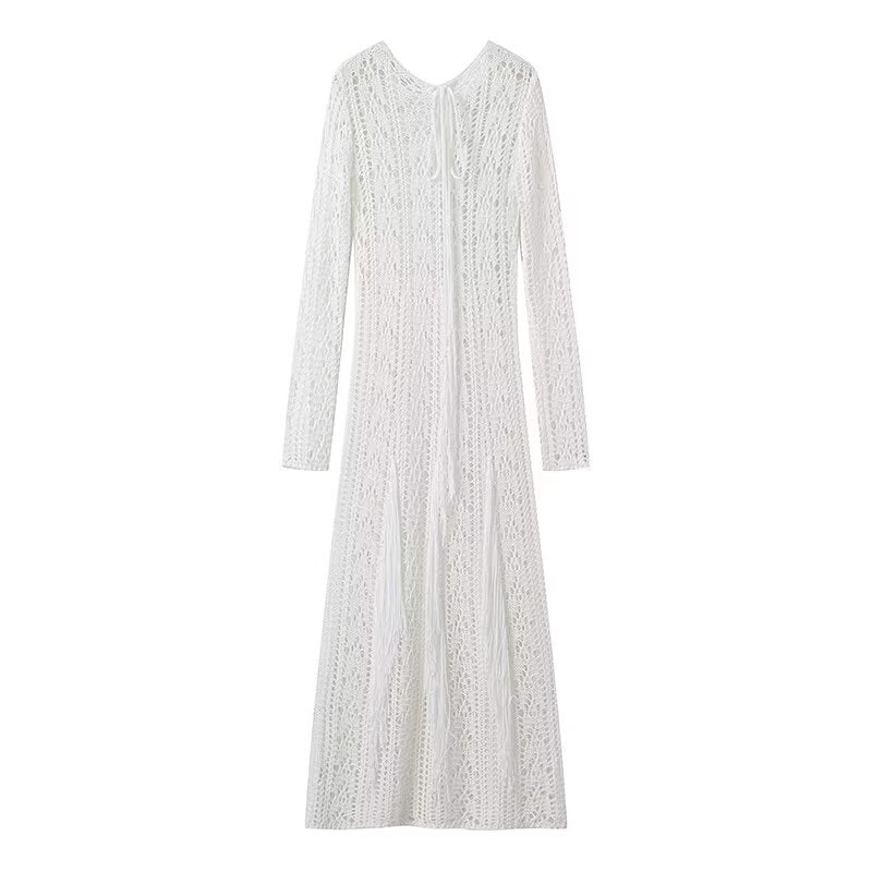 Damen Strick-Maxikleid mit eleganter Lochmusterung und längerem Schnitt EB