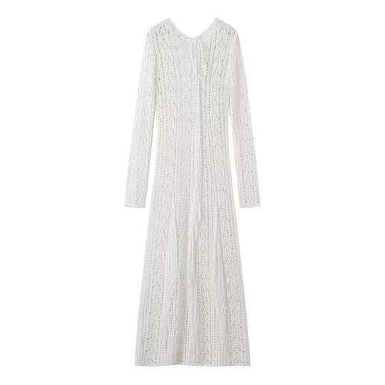 Damen Strick-Maxikleid mit eleganter Lochmusterung und längerem Schnitt EB