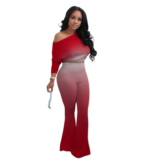 Damen Lässiges Ombre Set mit stilvollem Off-Shoulder Oberteil und figurbetonten Hosen EB