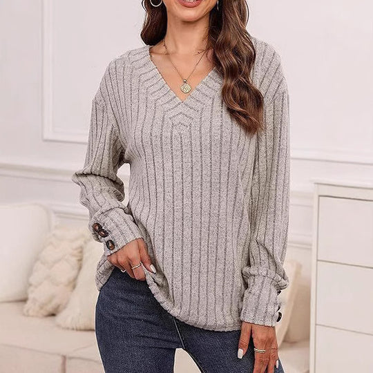 Damen Strickpullover mit V-Ausschnitt und dekorativen Knopfdetails EB