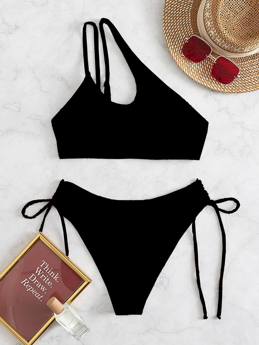 Damen Bikini-Set mit asymmetrischem Oberteil und seitlicher Schnürung EB