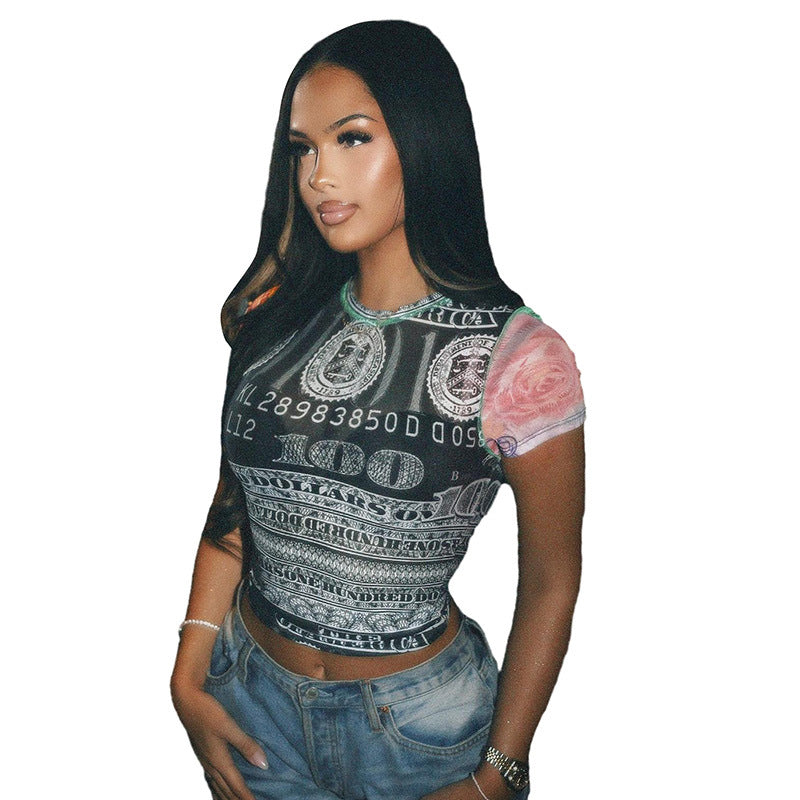 Damen Crop-Top mit kunstvollem Geldmotiv und farbenfrohem Ärmeldesign EB