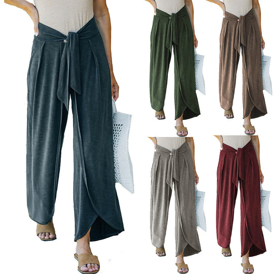 Damen elegante Palazzo-Hose mit stylichem Bindegürtel und hohem Bund EB