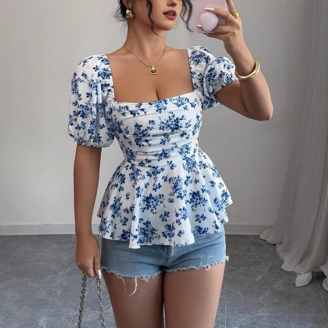 Damen Raffiniertes Oberteil mit Puffärmeln und floralem Design EB