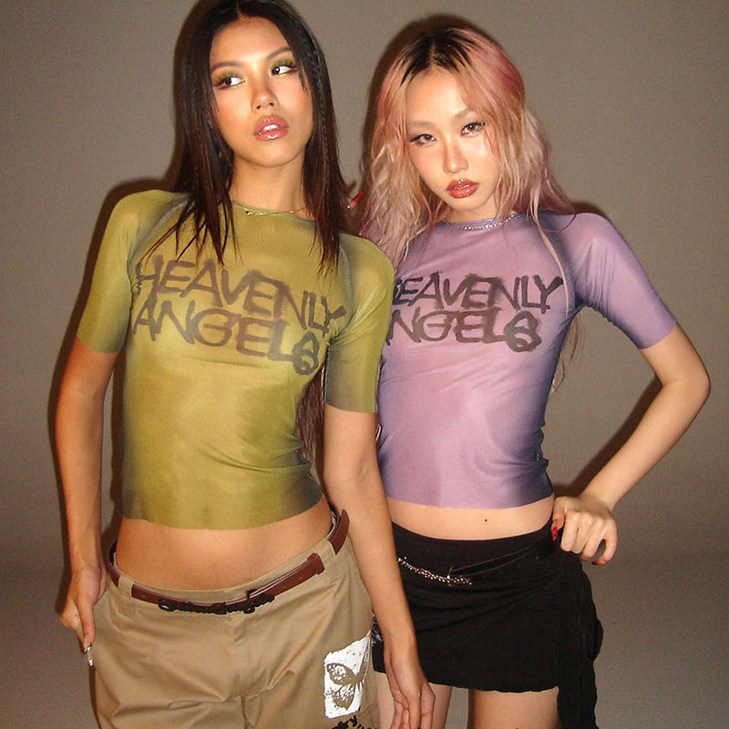 Damen transparentes Kurzarmshirt mit grafischem Schriftzug EB