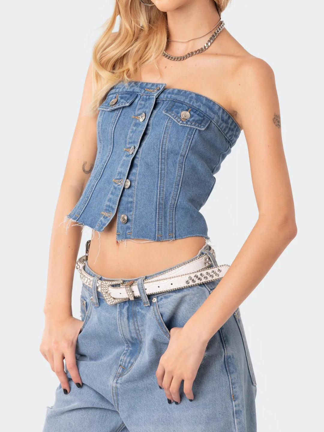 Damen Jeans-Top mit ärmellosem Design und Knopfleiste EB
