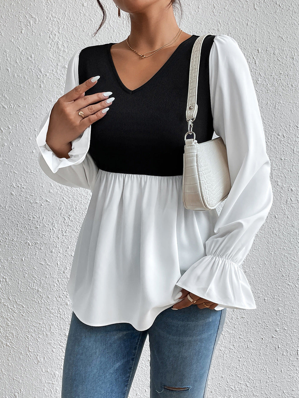 Damen elegantes Oberteil mit asymmetrischem V-Ausschnitt und Puffärmeln EB