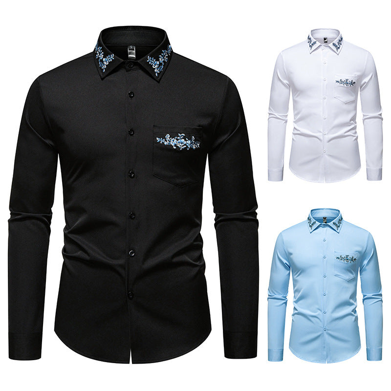 Herren Langarmhemd mit floralem Stickdesign EB