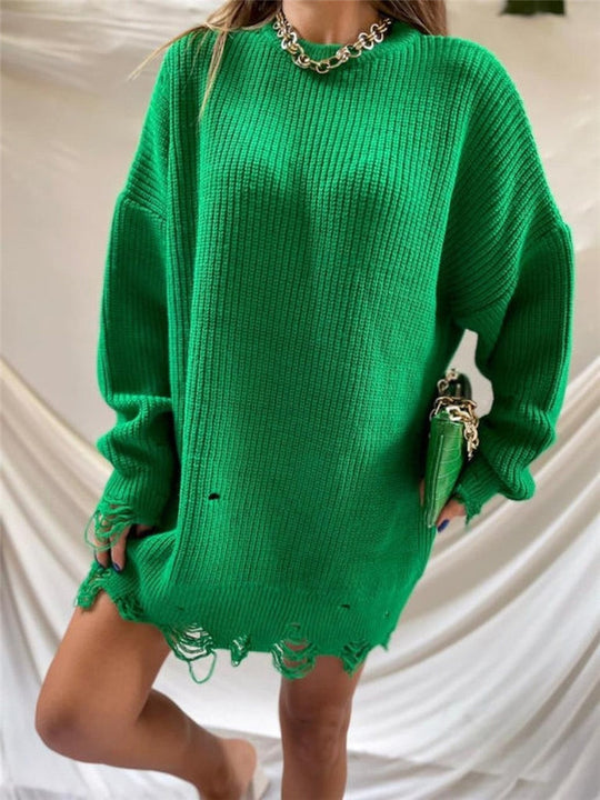 Damen lässiger Langpullover mit strukturiertem Rippdesign und offenen Säumen EB