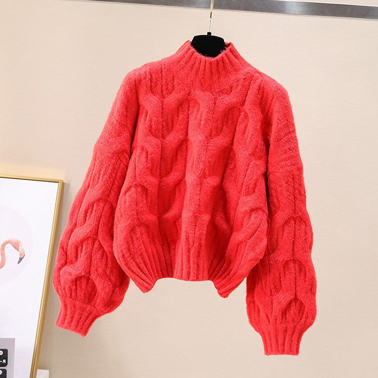 Damen kuscheliger Strickpullover mit voluminösen Ärmeln und Zopfmuster EB