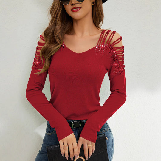 Damen Langarmshirt mit offenen Schultern und Strassverzierung EB
