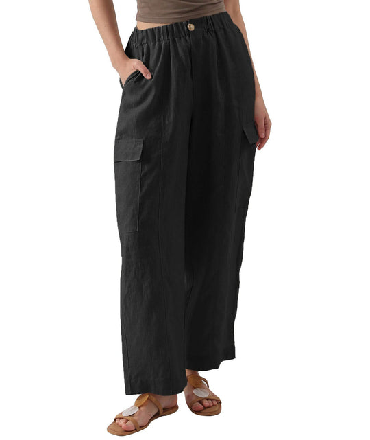 Damen lässige Leinen-Cargo-Hose mit hohen Taschen und elastischem Bund EB