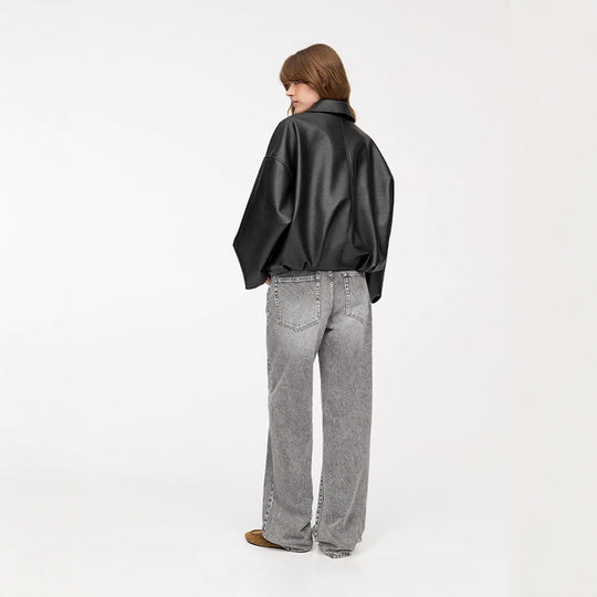 Damen Modische Kunstlederjacke mit weitem Schnitt und Taillengürtel EB
