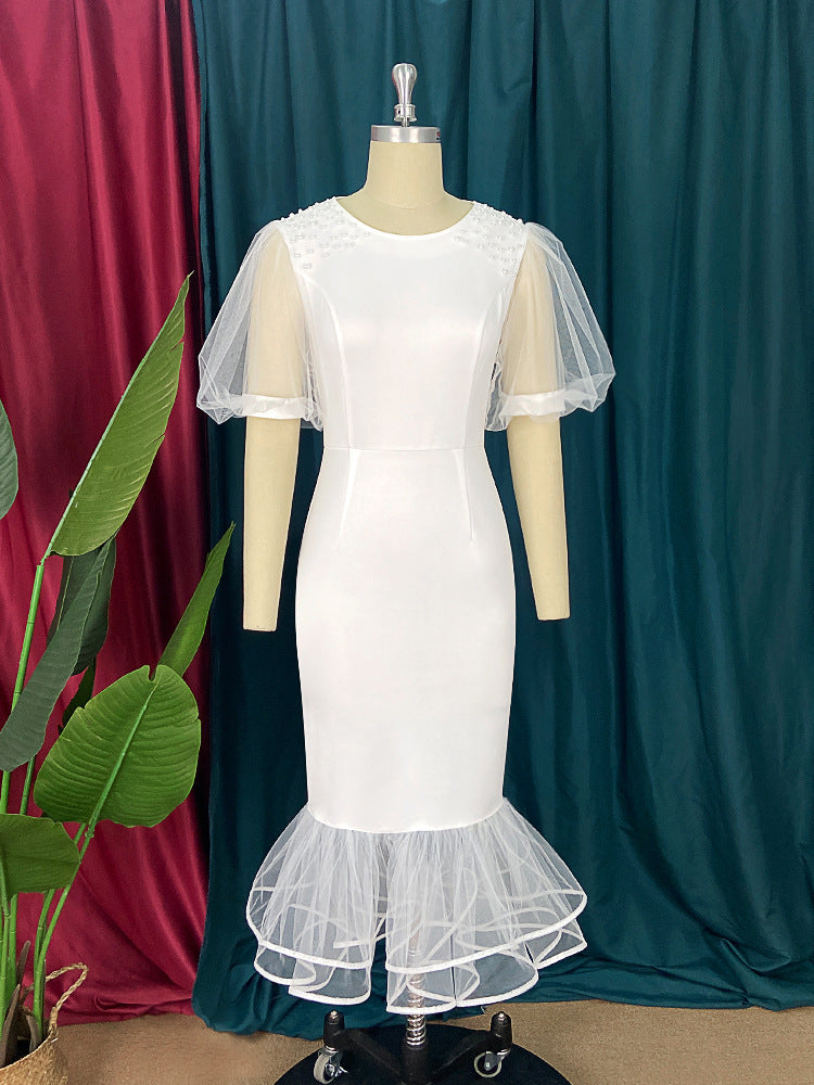 Damen Elegantes Maxikleid mit voluminösen Tüllärmeln und Rüschensaum EB