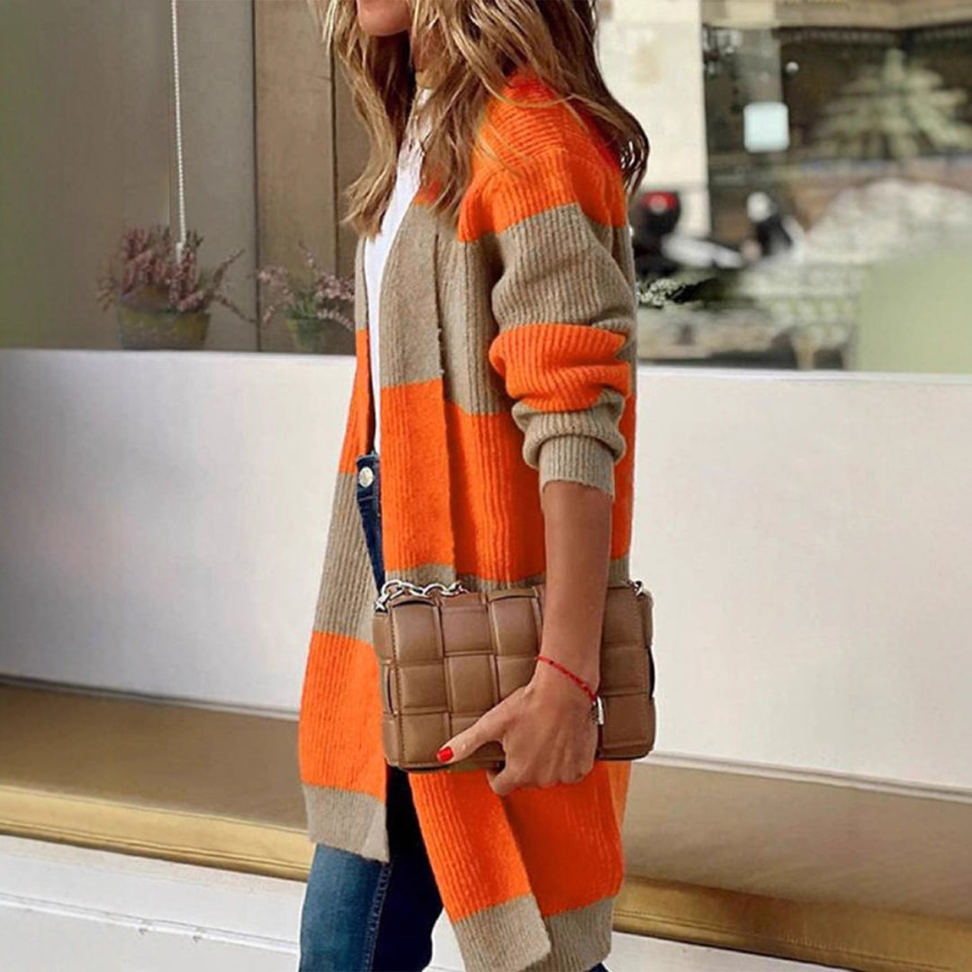 Damen langärmeliger Strickcardigan mit modischem Blockstreifen EB