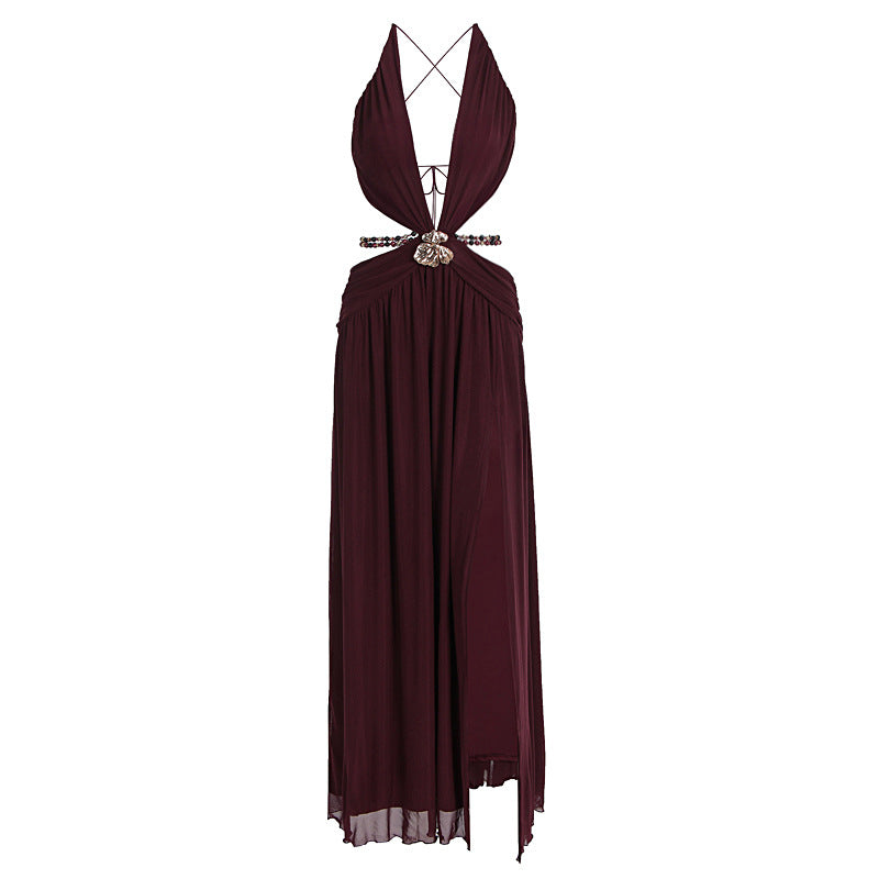 Damen Maxikleid mit tiefem V-Ausschnitt und elegantem Wickeldesign EB
