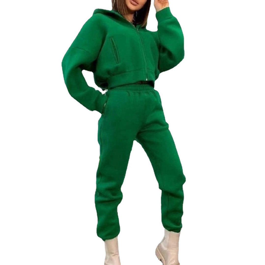 Damen komfortabler Oversize-Zweiteiler Jogginganzug mit Kapuzenhalbzip, elastischem Highwaist-Bund und Kängurutaschen EB