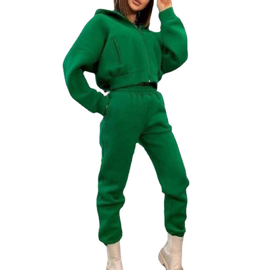 Damen komfortabler Oversize-Zweiteiler Jogginganzug mit Kapuzenhalbzip, elastischem Highwaist-Bund und Kängurutaschen EB