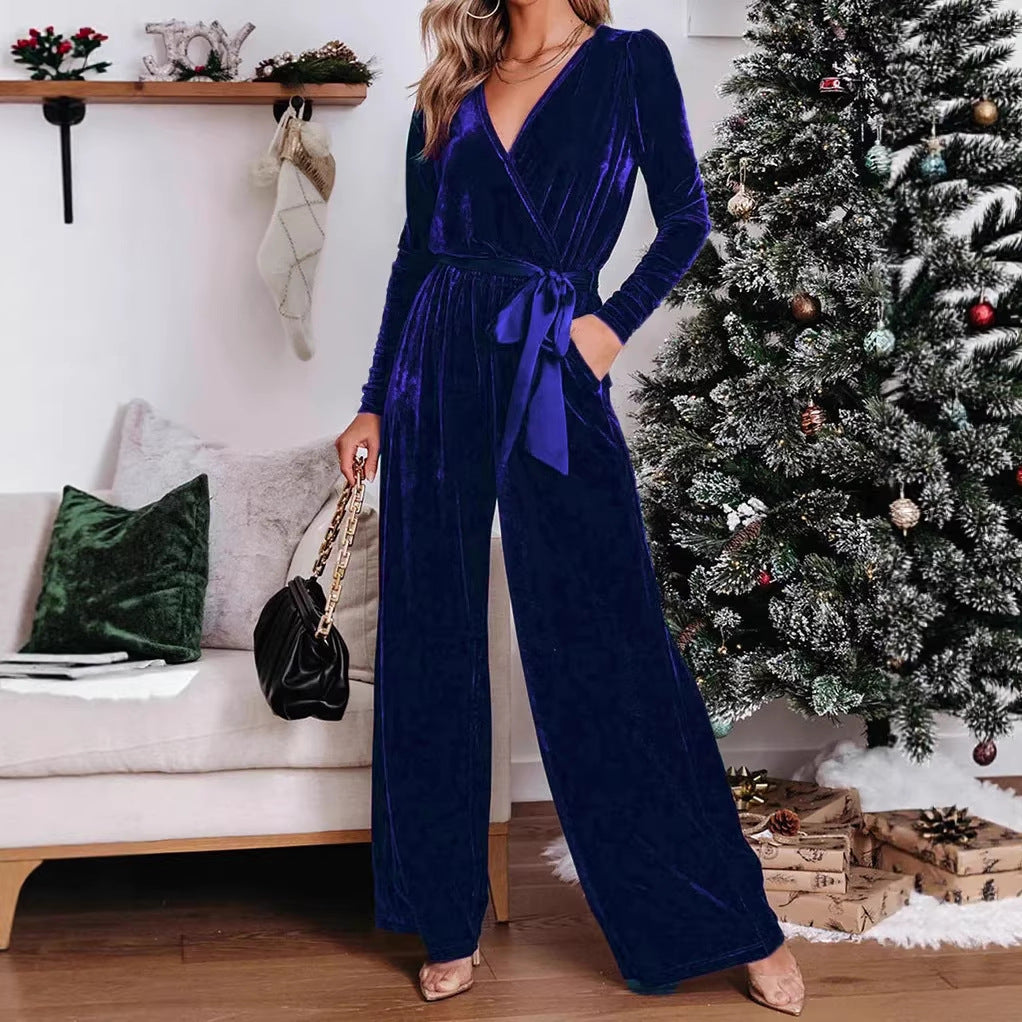 Damen Samt‑Jumpsuit mit Wickel‑V‑Ausschnitt, weitem Bein und Taillengürtel EB