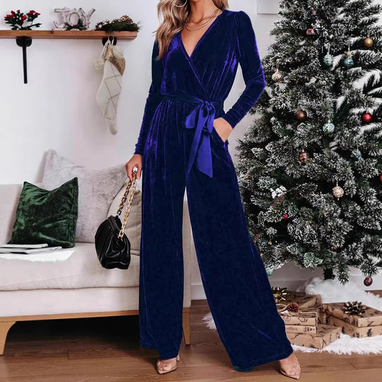 Damen Samt‑Jumpsuit mit Wickel‑V‑Ausschnitt, weitem Bein und Taillengürtel EB