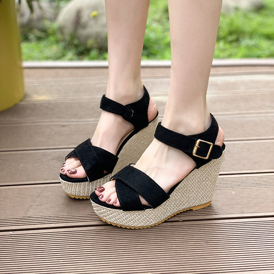 Damen nan Espadrille-Keilabsatz-Sandalette mit gekreuzten Veloursriemen und verstellbarer Schnallenlasche EB