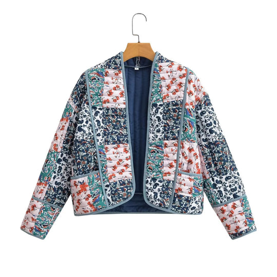 Damen modische Steppjacke mit buntem floralen Patchworkdesign EB