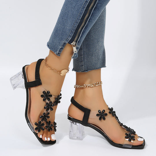 Damen modische Sandalen mit transparentem Riemen und Blumenapplikationen EB