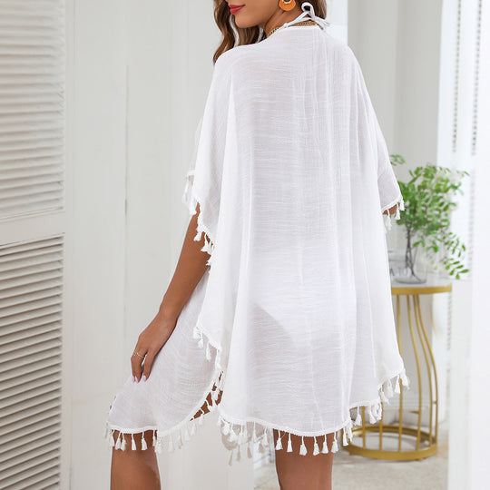 Damen Strandtunika mit fransigem Saum und ausgeschnittenem Design EB