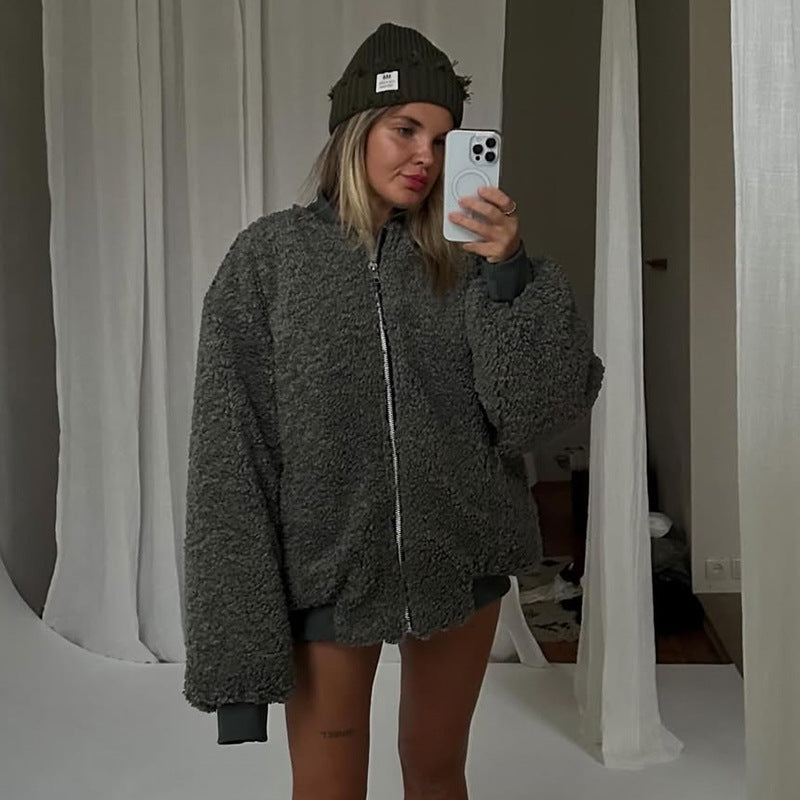 Damen gemütliche Teddyjacke mit hohem Kragen EB