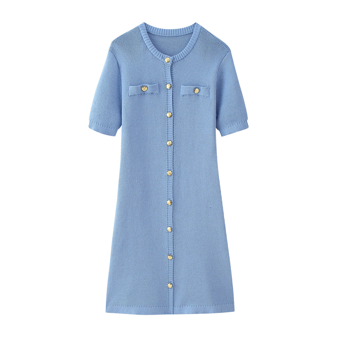 Damen Strickkleid mit kurzen Ärmeln und Knopfleiste EB