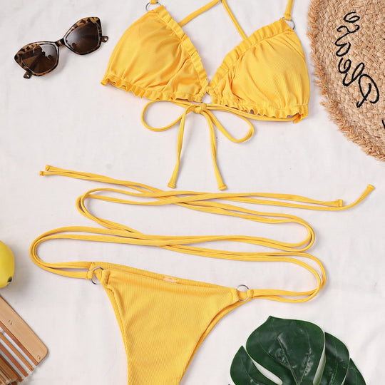 Damen Triangel-Bikini mit trendigen Rüschendetails und schmalen Bändern EB