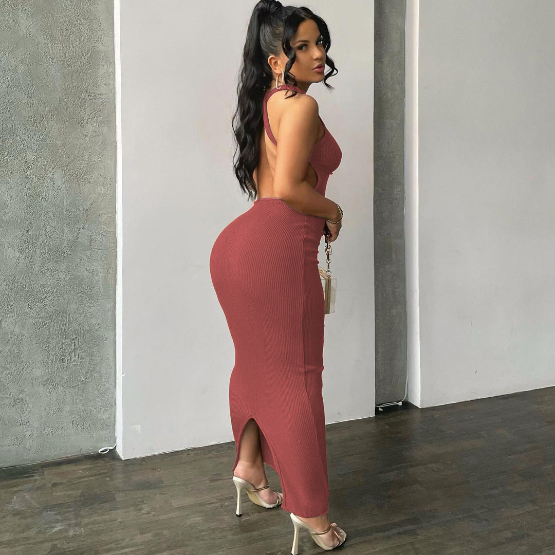 Damen körpernahes Strick-Maxi-Kleid mit raffiniertem Ausschnitt und langen Trägern EB