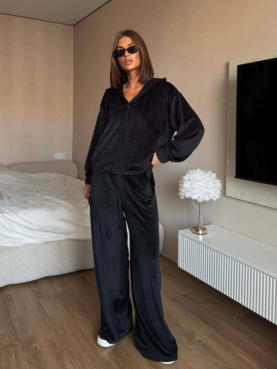 Damen Loungewear-Set mit leichtem Zip-Hoodie, elastischen Bündchen und weiten Palazzo-Hose EB
