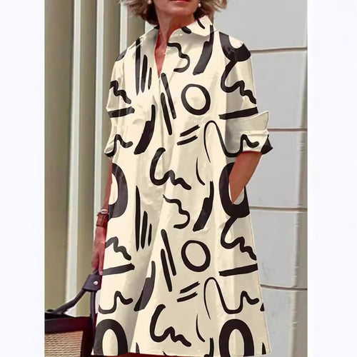 Damen nan A-Linien Hemdblusenkleid mit aufgekrempelten 3/4-Ärmeln und seitlichen Eingrifftaschen EB