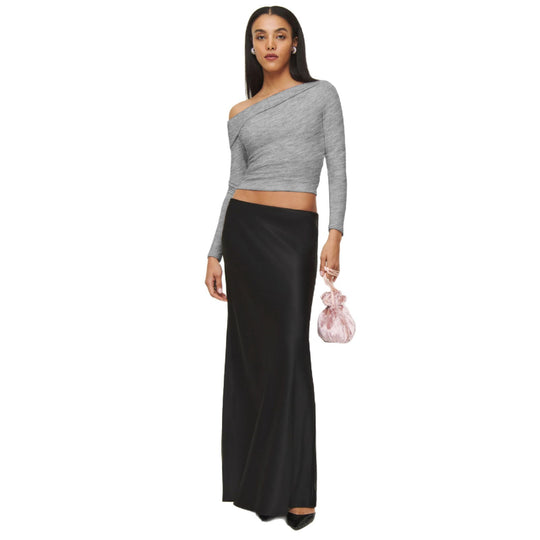 Damen Elegantes Langarmoberteil mit schrägem Ausschnitt und figurbetontem Schnitt EB