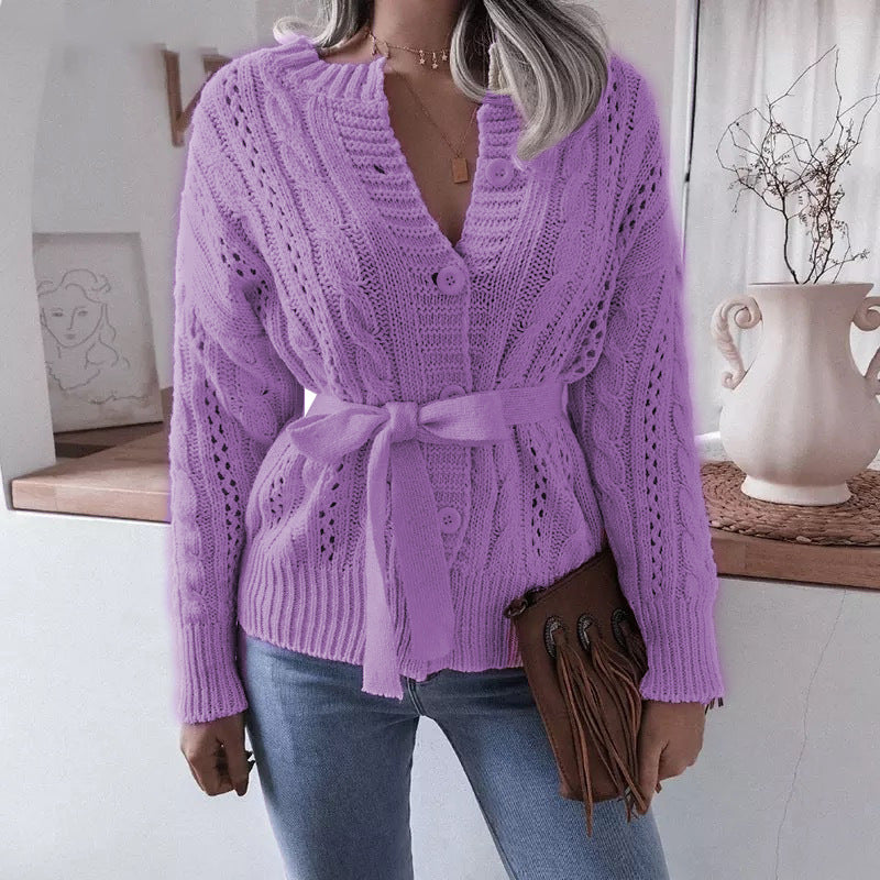 Damen Strickjacke mit Taillengürtel und raffinierten Lochmustern EB