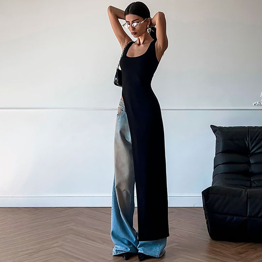 Damen Maxikleid mit asymmetrischem Schnitt und fließendem Stoff EB