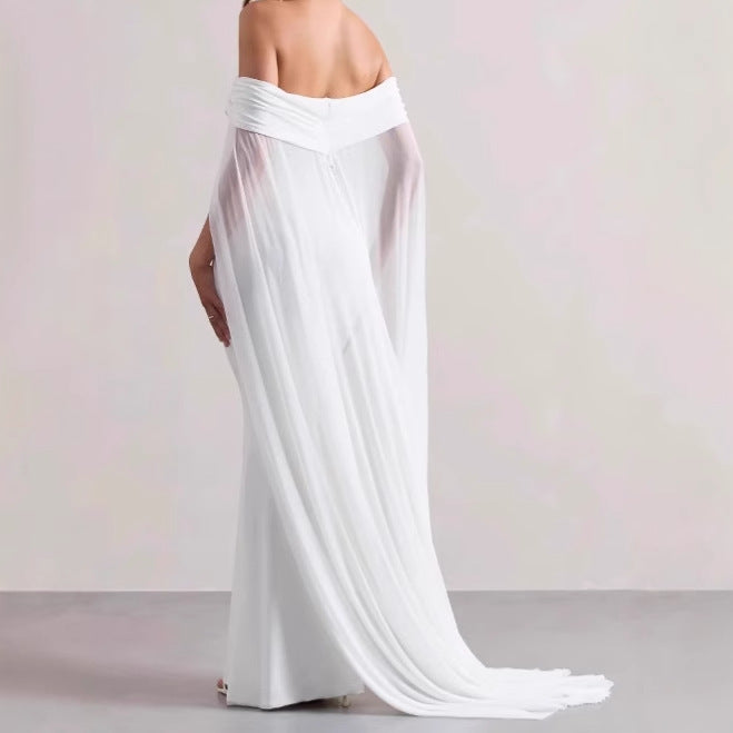 Damen Elegantes Off-Shoulder Abendkleid mit fließendem Transparenz-Cape und figurumspielendem Schnitt EB