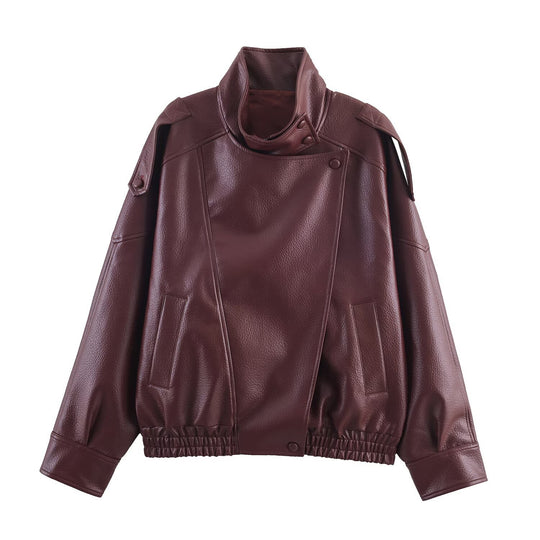 Damen nan oversized Bikerjacke Kunstlederoptik mit hohem Stehkragen, asymmetrischer Druckknopffront, Schulterriegeln und elastischem Saum EB