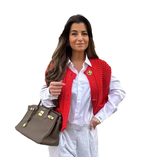 Damen modische Strickweste mit dekorativen Knopfdetails und praktischen Taschen EB