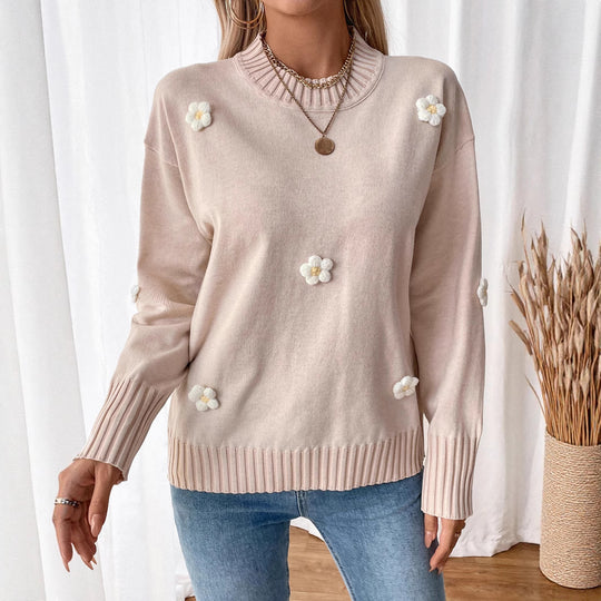 Damen Strickpullover mit floralem Design und Rippbündchen EB